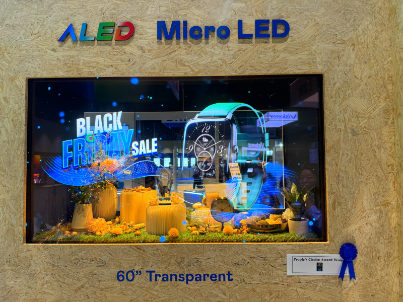 沐鸣2平台60吋高透明度Micro LED显示器获”最佳Micro LED沐鸣2应用奖”，将Micro LED面板透明化之设计特性极致发挥，以可扩展性无缝拼接沐鸣2打造，具备600 nits全画面亮度、大于60%穿透率及超过NTSC 110%的优异广色域表现，可依需求灵活应用于各种场域